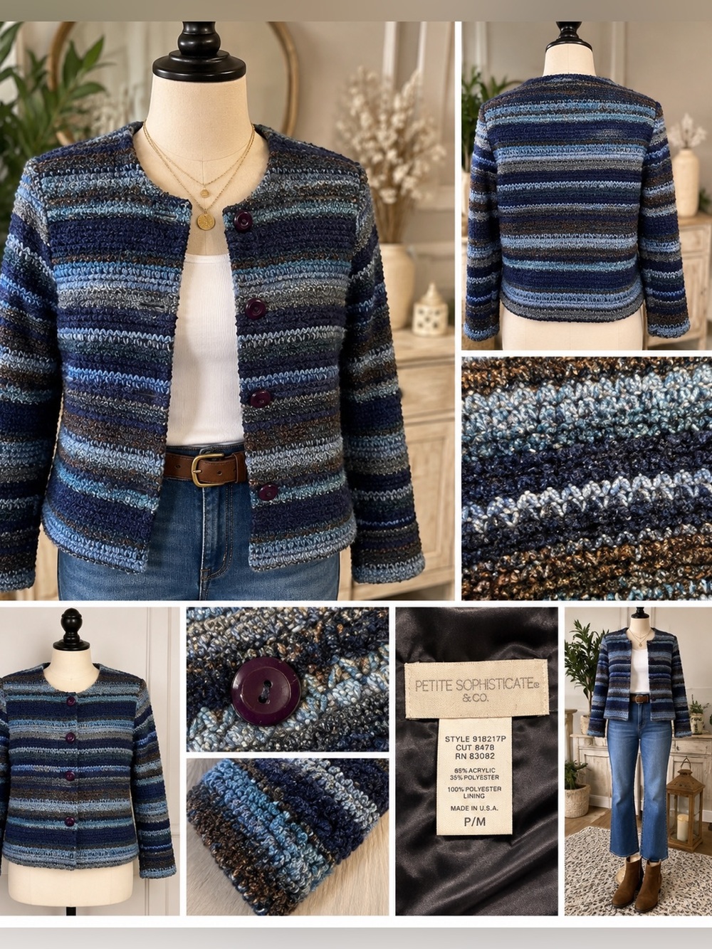 Petite Sophisticate Vintage Striped Knit Jacket Cardigan P/M